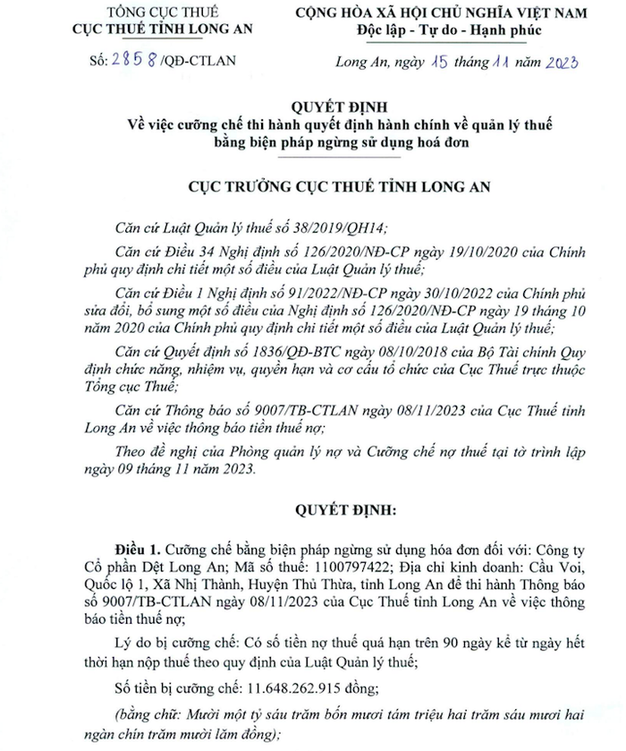 Quyết định của Cục Thuế tỉnh Long An đối với Công ty cổ phần Dệt Long An &nbsp;