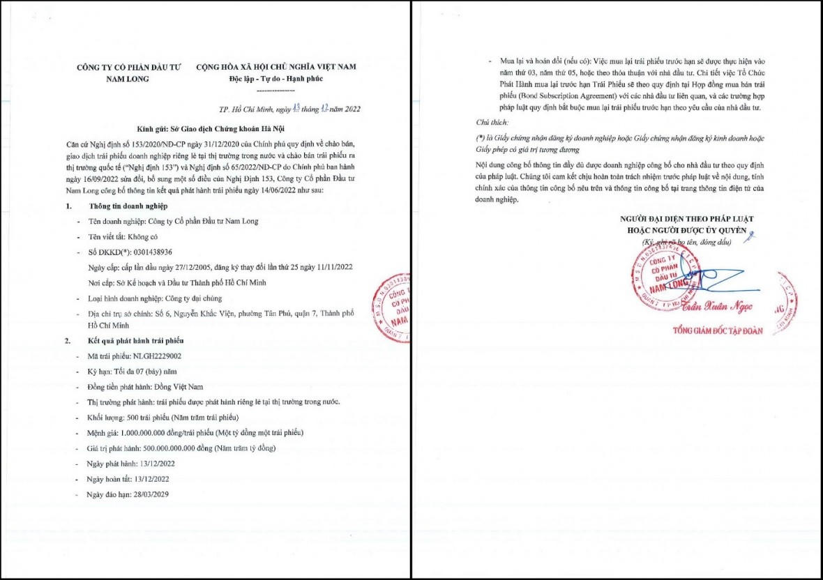 Thông tin về lô trái phiếu vừa được Nam Long phát hành thành công. &nbsp;