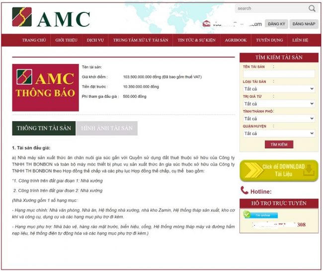 Agribank AMC thông báo đấu giá tài sản của TH BONBON. &nbsp;