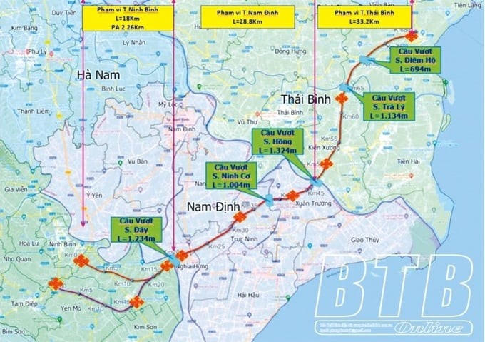 Sơ đồ hướng tuyến cao tốc Ninh Bình - Hải Phòng đoạn qua tỉnh Nam Định và Thái Bình. Ảnh: Báo Thái Bình