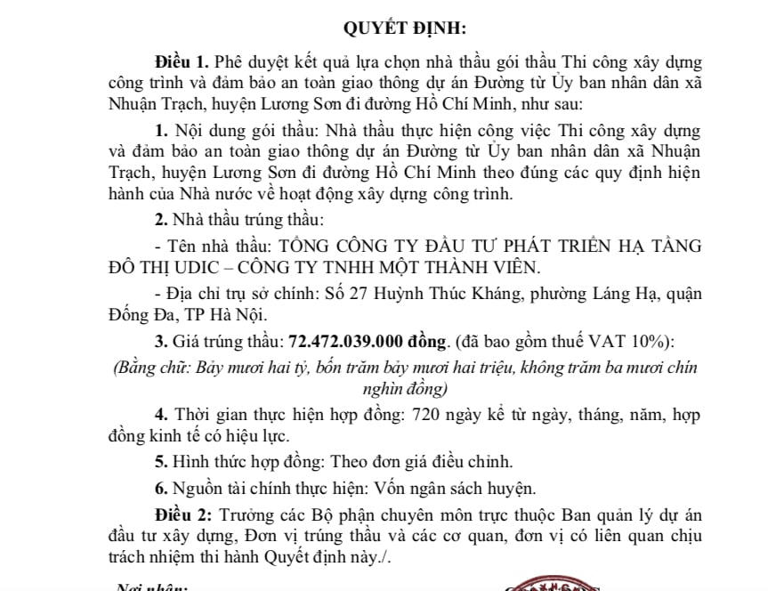 Với vai trò độc lập, UDIC trúng thầu trị giá hơn 72,47 tỷ đồng &nbsp;