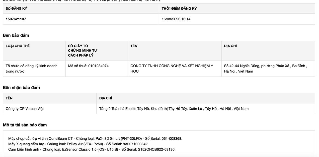 Thiết bị được thế chấp tại&nbsp;Công ty cổ phần Vatech Việt