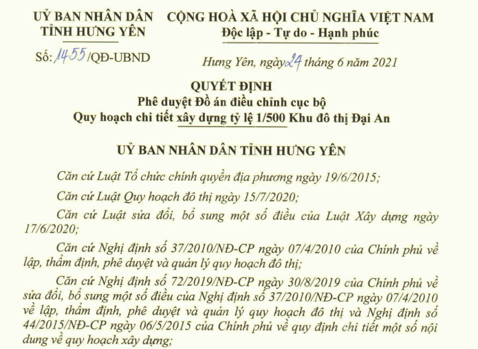 Hưng Yên duyệt điều chỉnh quy hoạch Khu đô thị Đại An của Vinhomes