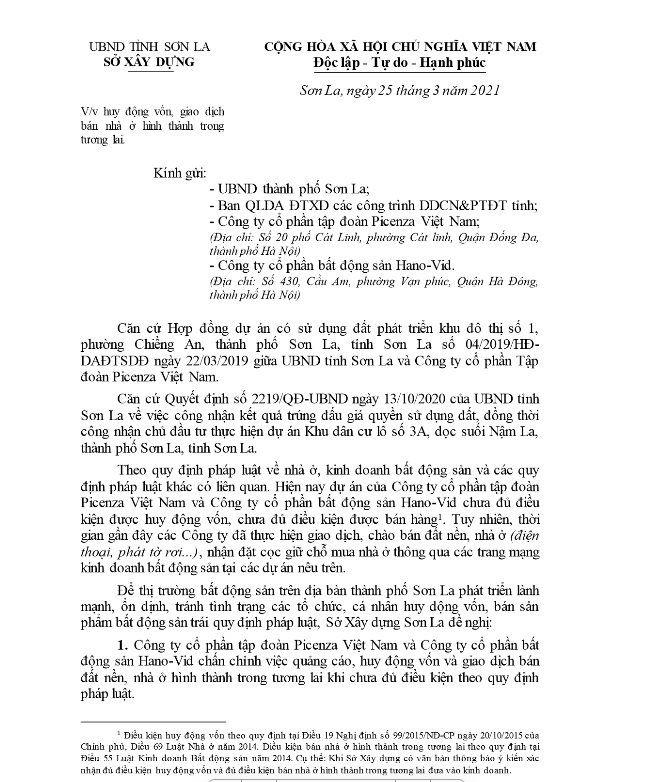 Sở Xây dựng Sơn La cảnh báo Dự án Picenza Riverside Sơn La chưa đủ điều kiện huy động vốn