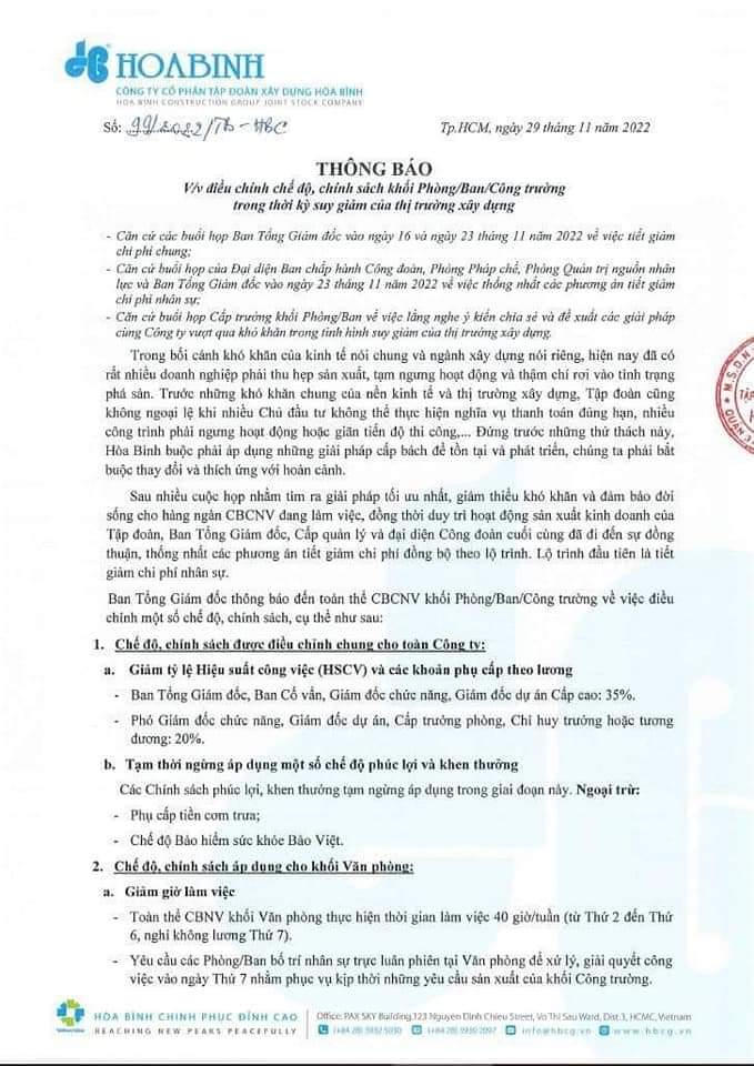 Hòa Bình Group vừa huy động xong 94,6 tỷ đồng trái phiếu, tiết giảm chi phí nhân sự vì khó khăn