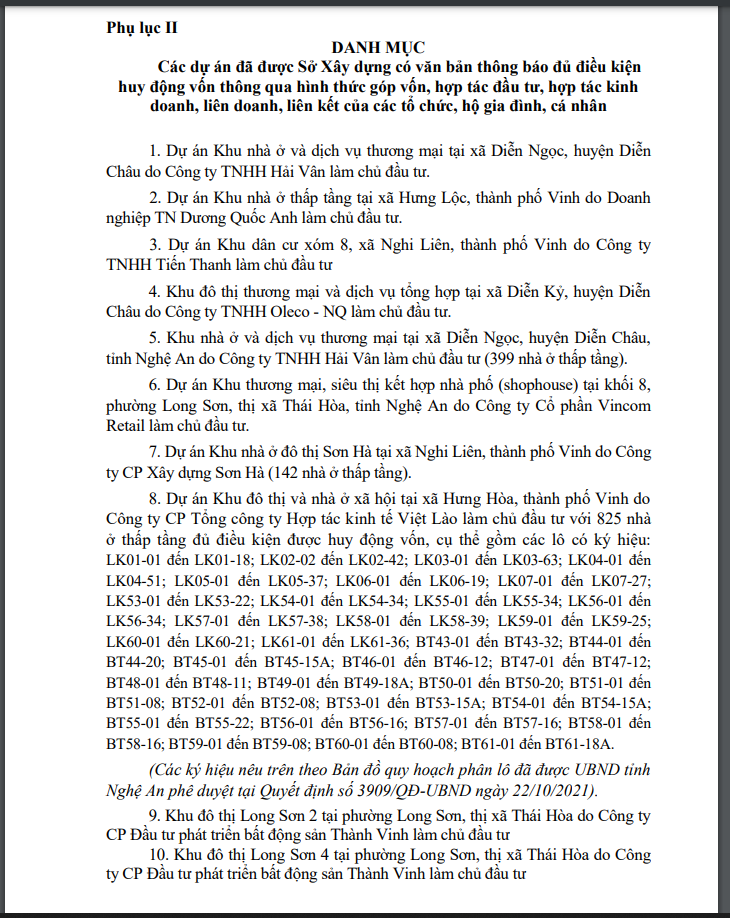 Danh mục 10 dự án đủ điều kiện huy động qua hình thức góp vốn, hợp tác đầu tư. Nguồn: Sở Xây dựng tỉnh Nghệ An.