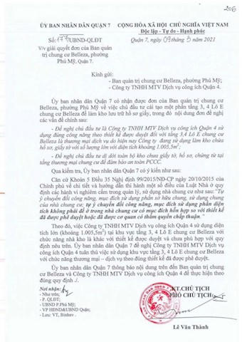 UBND quận 7 đã có văn bản gửi Công ty TNHH MTV Dịch vụ công ích quận 4 và Ban quản trị chung cư Belleza (phường Phú Mỹ) về phản ánh của cư dân. &nbsp;