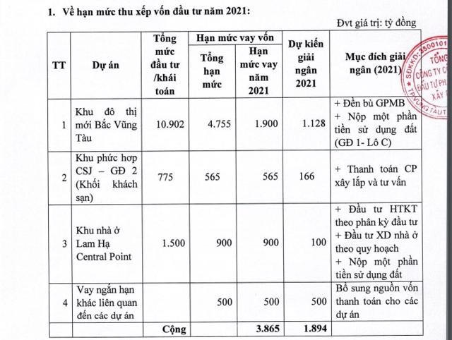 Chi tiết hạn mức thu xếp vốn đầu tư năm 2021. Nguồn: Tài liệu ĐHĐCĐ thường niên 2021 của DIG &nbsp;