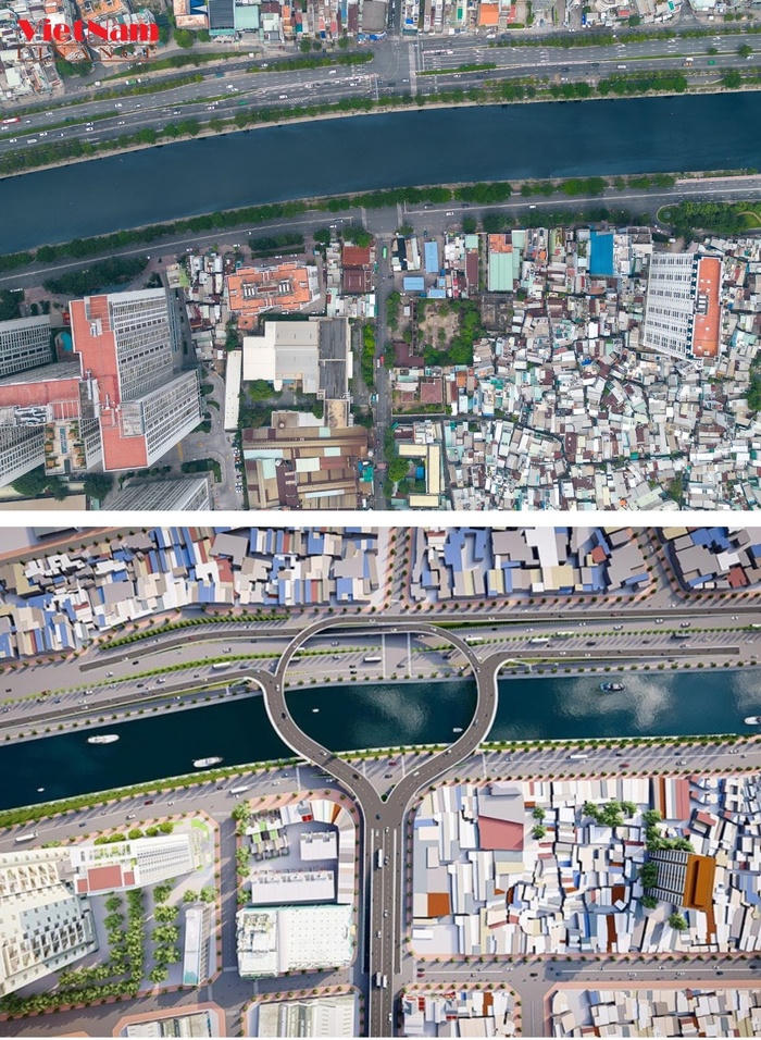 Hiện trạng và đầu tuyến cầu Nguyễn Khoái kết nối với quận 1 sau khi hoàn thành (Nguồn: Sở GTVT TP. HCM) &nbsp;