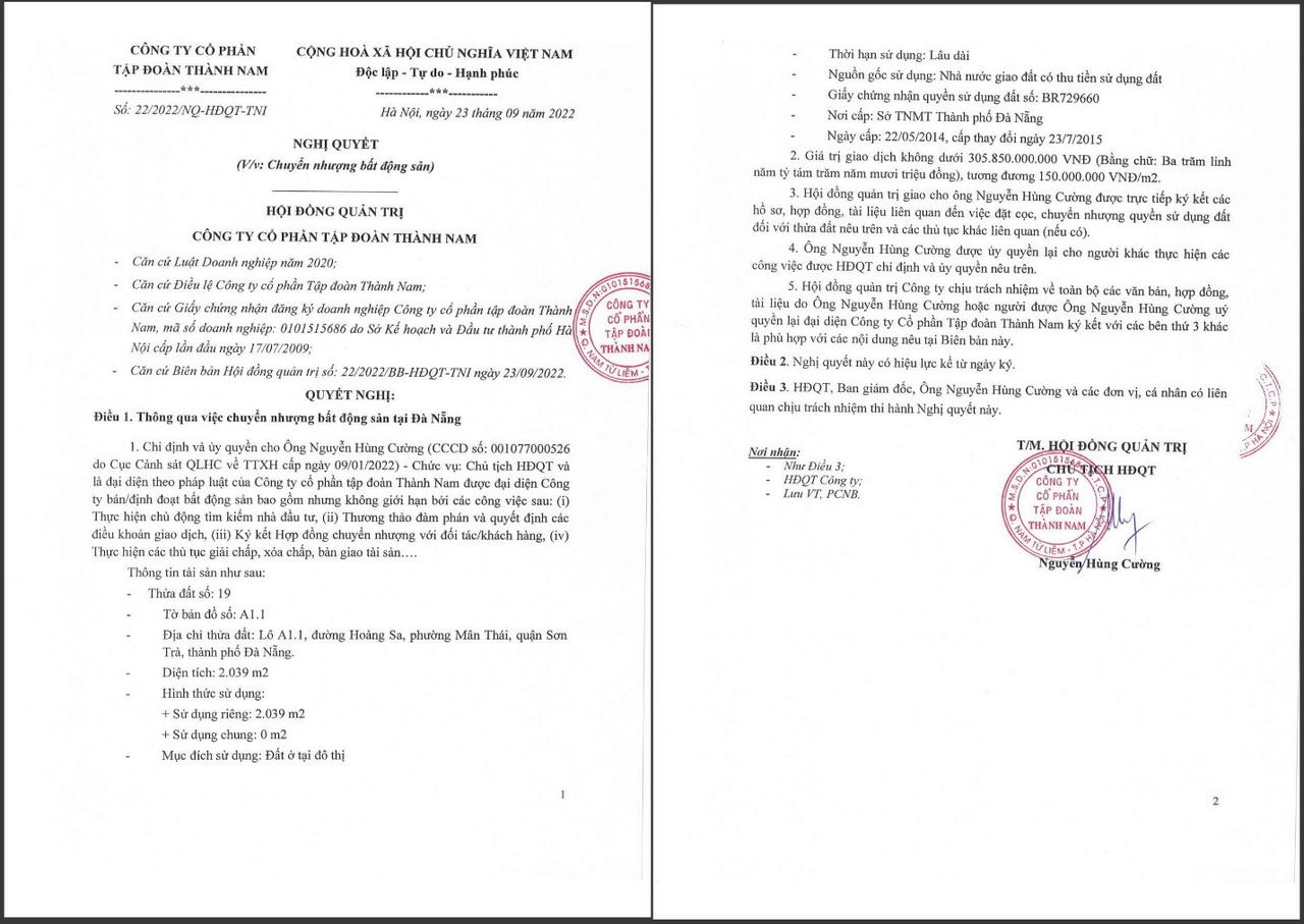 Thông tin về việc Thành Nam muốn bán khu đất 2.000 m2 tại Đà Nẵng. &nbsp;