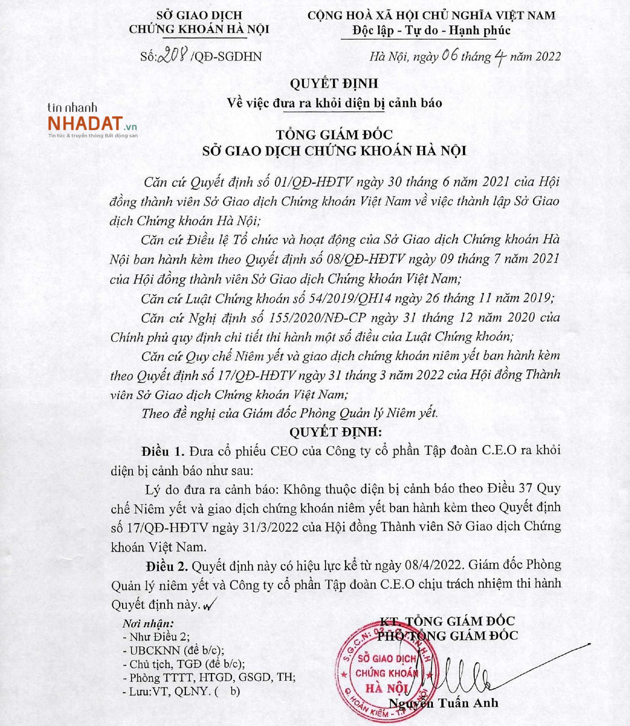 Quyết định của HNX về việc đưa cổ phiếu CEO ra khỏi diện cảnh báo. &nbsp;