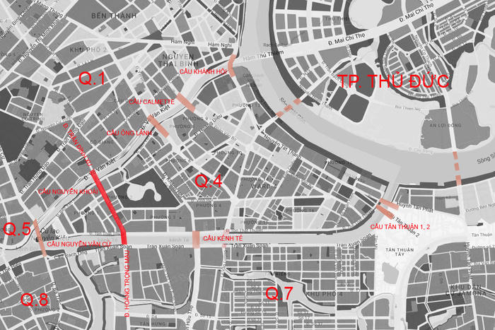 Sơ đồ các điểm kết nối thường xuyên ùn tắc giao thông trong khu vực và vị trí cầu Nguyễn Khoái &nbsp;