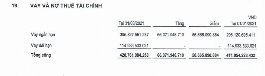 &nbsp;Quý 1/2021, nợ thuê tài chính ngắn và dài hạn tăng lần lượt lên gần 306 tỷ đồng và gần 115 tỷ đồng. (Nguồn: BCTC quý 1/2021). &nbsp;