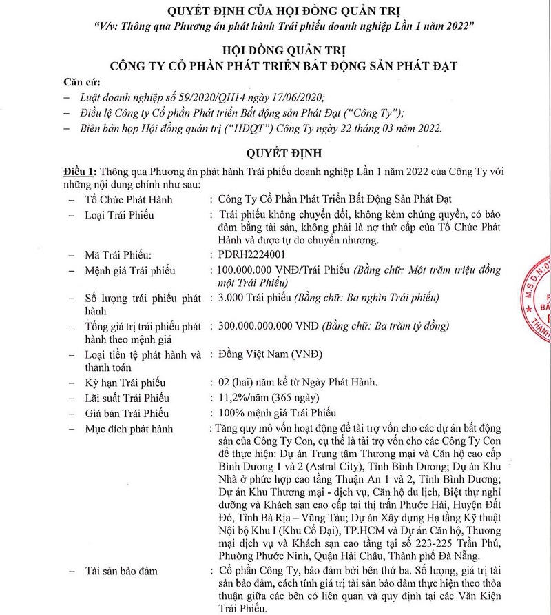 Quyết định thông qua phương án phát hành 3.000 trái phiếu của Phát Đạt. &nbsp;