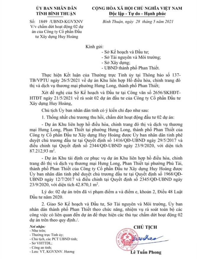 Văn bản thu hồi dự án của UBND tỉnh Bình Thuận. &nbsp;