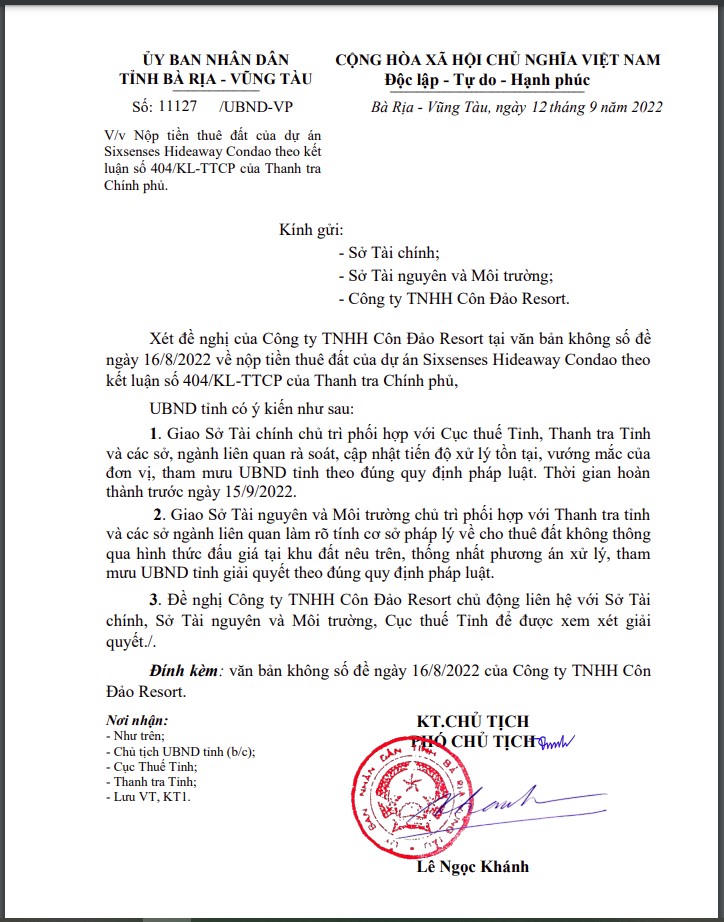 Văn bản của UBND tỉnh Bà Rịa – Vũng Tàu về việc rà soát lại vấn đề pháp lý tại dự án Sixsenses Hideaway Condao. &nbsp;