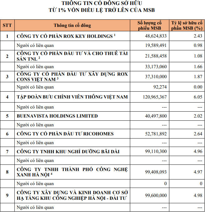 Danh sách cổ đông nắm giữ hơn 1% vốn của MSB.