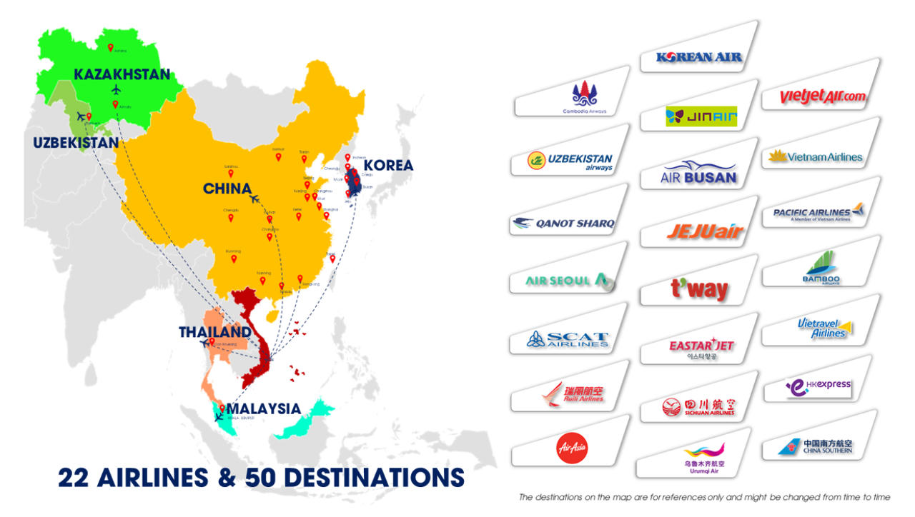Sân bay quốc tế Cam Ranh hiện hợp tác với 22 hãng hàng không, kết nối 50 đường bay. (Nguồn: https://camranh.aero/traffic-statistics)