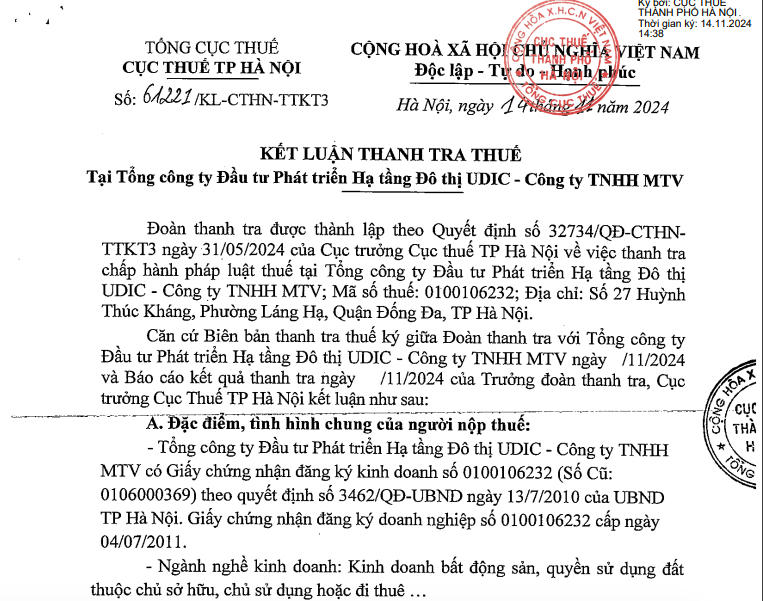 Cục Thuế thành phố Hà Nội vừa công bố kết luận thanh tra thuế tại Tổng công ty Đầu tư phát triển hạ tầng Đô thị UDIC – Công ty TNHH MTV &nbsp;
