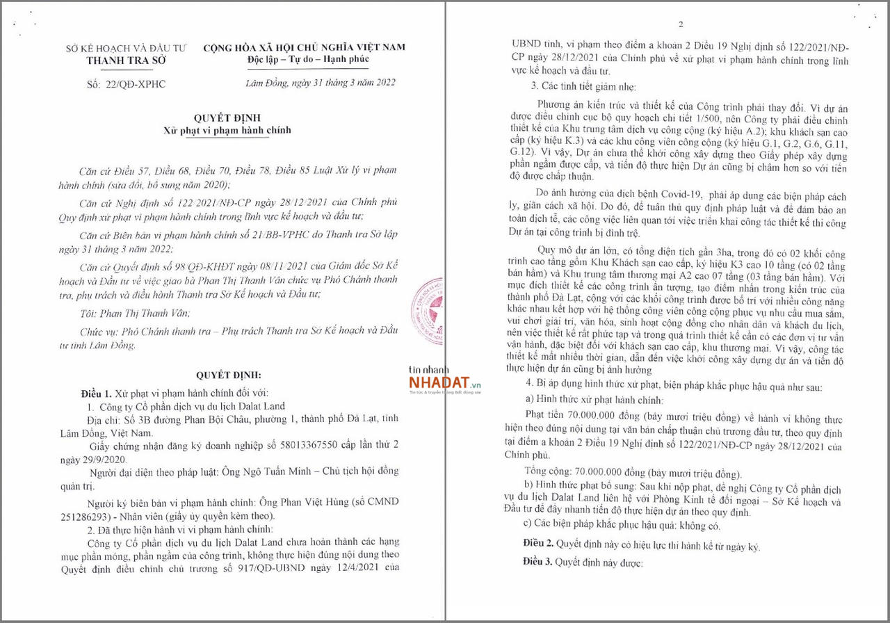 Quyết định xử phạt hành chính đối với Dalat Land. &nbsp;