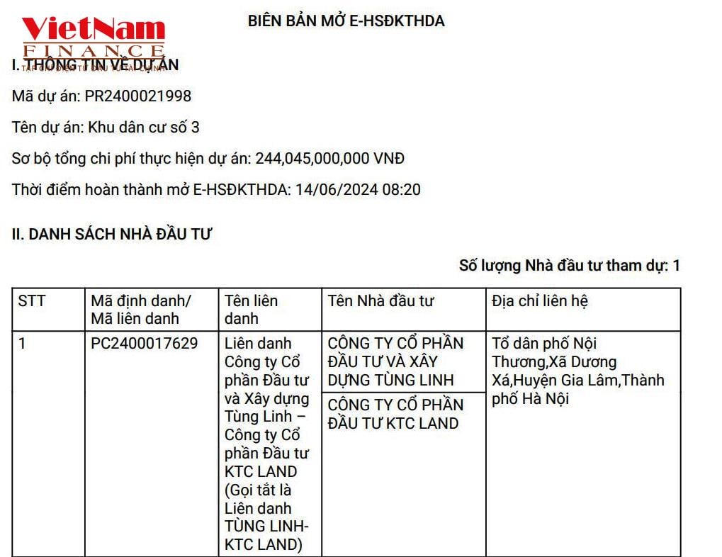 Liên doanh Tùng Linh - KTC Land là nhà đầu tư duy nhất nộp hồ sơ đăng ký thực hiện dự án.