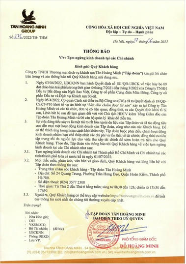 Tân Hoàng Minh dừng hoạt động kinh doanh các chi nhánh, dồn tiền trả nợ nhà đầu tư