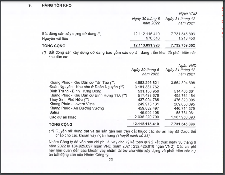 Tính đến cuối tháng 6/2022, giá trị xây dựng dở dang tại dự án Khu nhà ở Đoàn Nguyên ghi nhận 3.181 tỷ đồng.