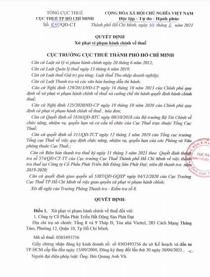 Quyết định xử phạt vi phạm hành chính về Thuế, thời kỳ kiểm tra năm 2019-2020 của của Cục thuế TP Hồ Chí Minh với hành vi vi phạm của Công ty Phát Đạt. &nbsp;