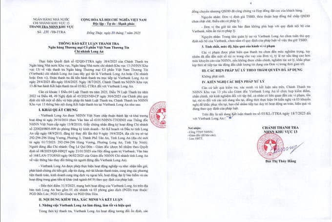 Kết luận thanh tra tại Ngân hàng Thương mại Cổ phần Việt Nam Thương Tín – Chi nhánh Long An. &nbsp;