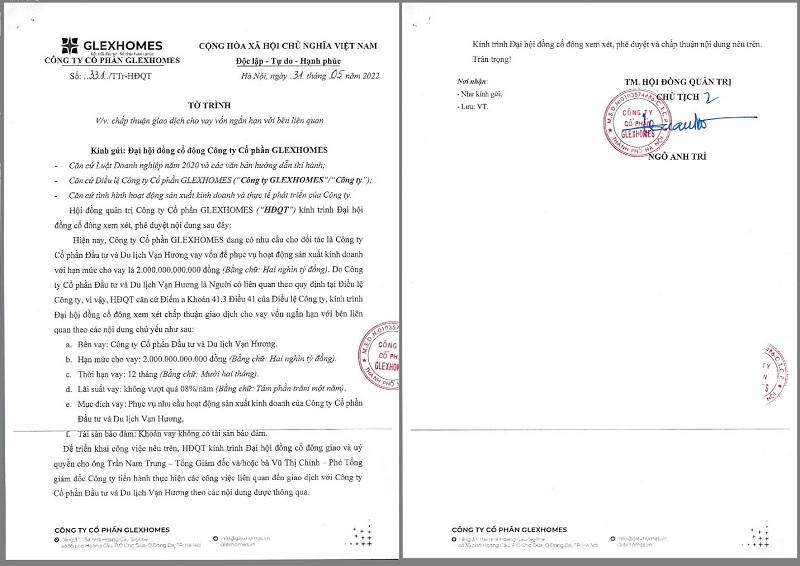 Glexhomes chấp thuận cho Du lịch Vạn Hương vay tín chấp khoản tiền 2.000 tỷ đồng. &nbsp;