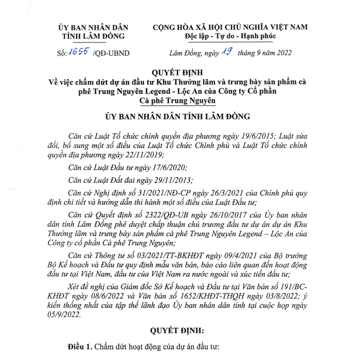 Quyết định chấm dứt dự án đầu tư của CTCP Cà phê Trung Nguyên.