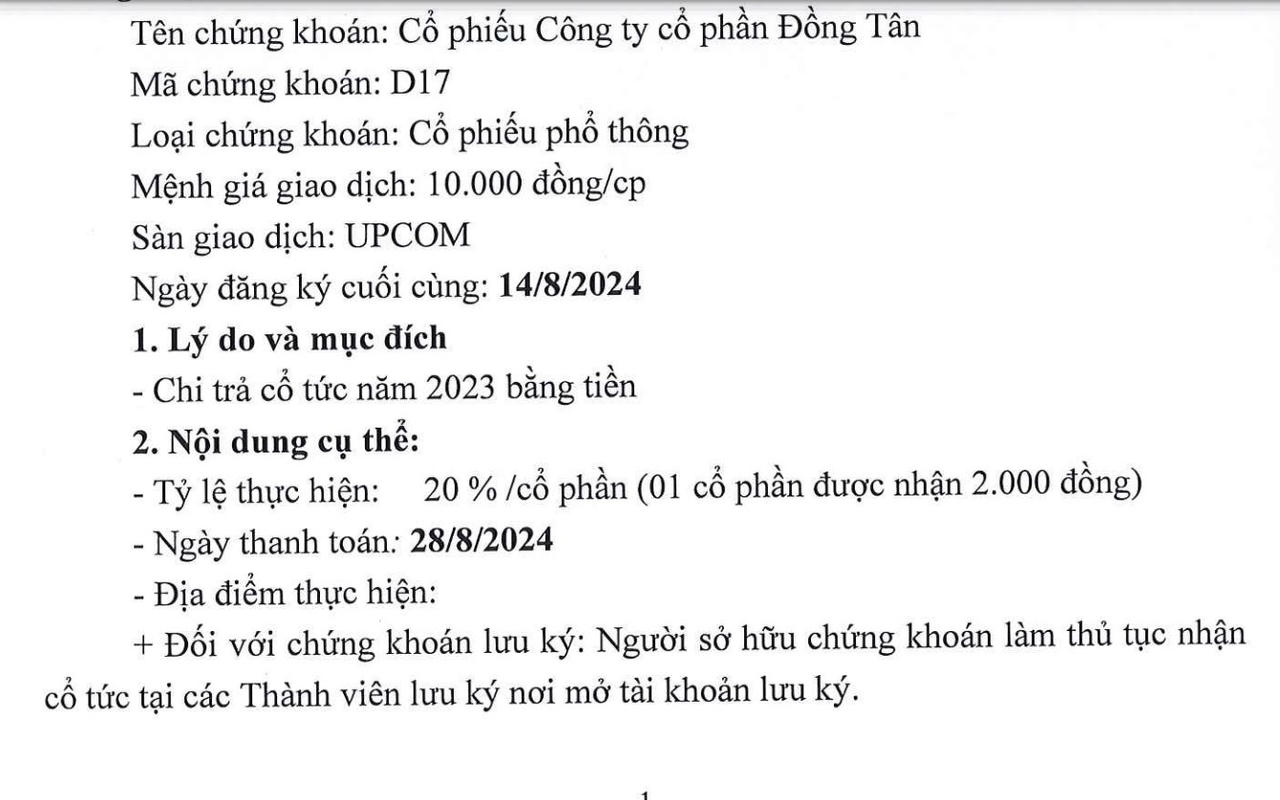 Thông báo chốt danh sách trả cổ tức năm 2023 với tỷ lệ 20% bằng tiền