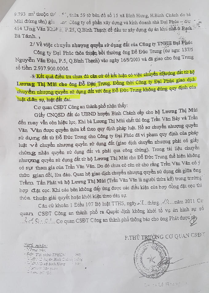 &nbsp;“Kết quả điều tra chưa đủ căn cứ để kết luận có việc chuyển nhượng đất từ hộ Lương Thị Mùi cho ông Đỗ Đức Trung, đồng thời Công ty Đại Phúc giao dịch chuyển nhượng quyền sử dụng đất với ông Đỗ Đức Trung không đúng quy định của luật dân sự, luật đất đai”.