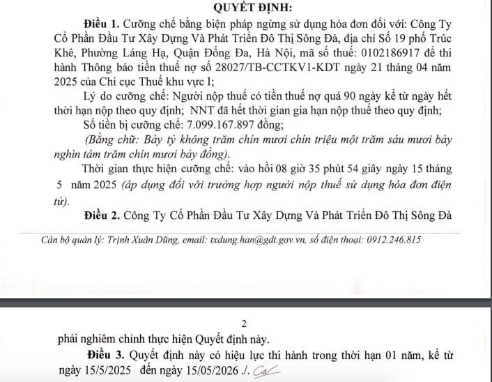 Quyết định cưỡng chế đối với&nbsp;CTCP Đầu tư xây dựng và Phát triển đô thị Sông Đà