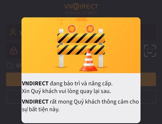 Khách hàng không thể truy cập website hoặc app của VNDIRECT trong ngày 25/3/2024 (Ảnh chụp màn hình lúc 14h45).