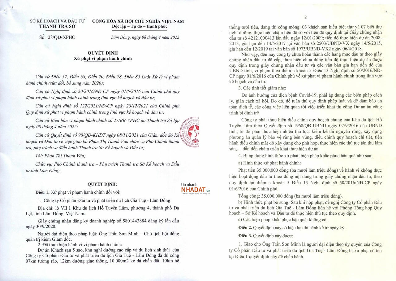Quyết định xử phạt hành chính 35 triệu đồng với Công ty Gia Tuệ – Lâm Đồng. &nbsp;