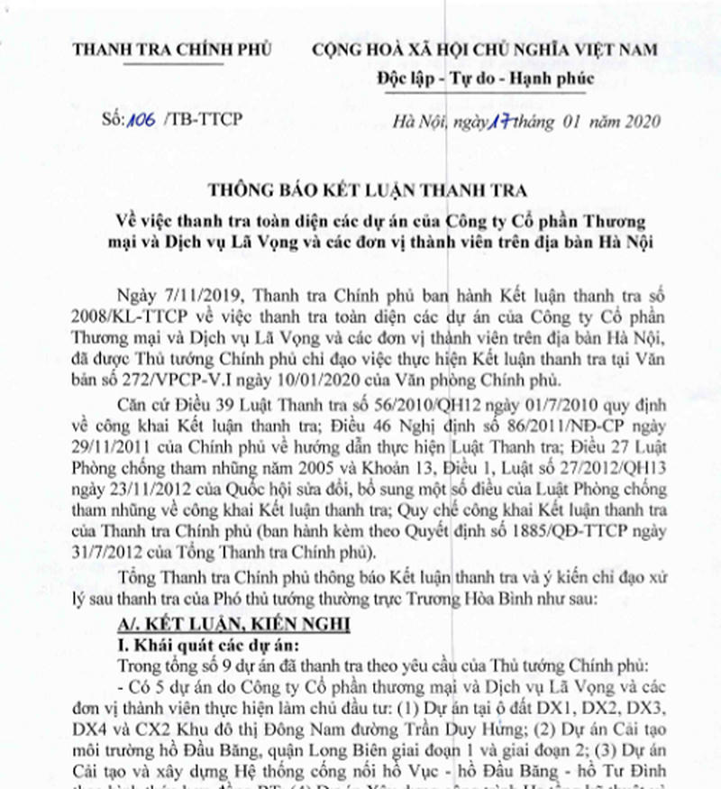 Thanh tra Chính phủ đã chỉ ra nhiều sai phạm tại 9 dự án của Tập đoàn Lã Vọng và các đơn vị thành viên trên địa bàn TP. Hà Nội