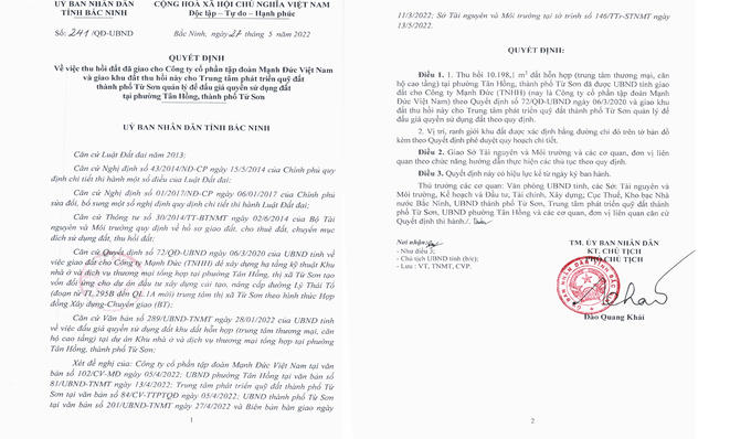 UBND tỉnh Bắc Ninh thu hồi khu đất giao cho CTCP Tập đoàn Mạnh Đức tại TP Từ Sơn. &nbsp;