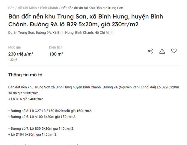 Một lô đất nền khác cũng tại khu vực Trung Sơn thậm trí còn được rao bán với giá lên đến 230 triệu đồng/m2. &nbsp;