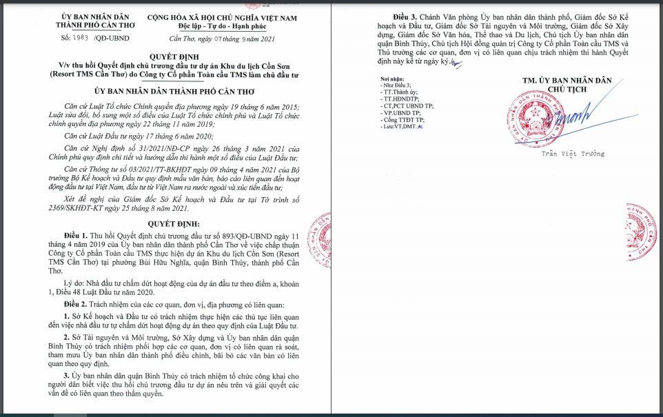 Quyết định thu hồi Quyết định chủ trương đầu tư&nbsp;dự án Khu du lịch Cồn Sơn. &nbsp;