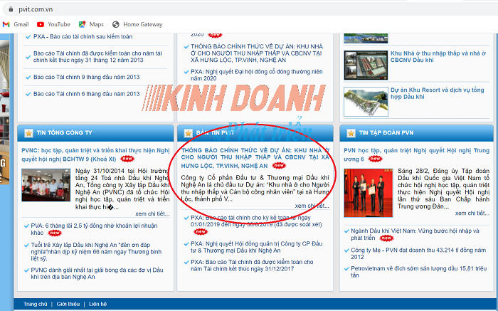Thông báo về dự án được công khai trên trang web của công ty. &nbsp;
