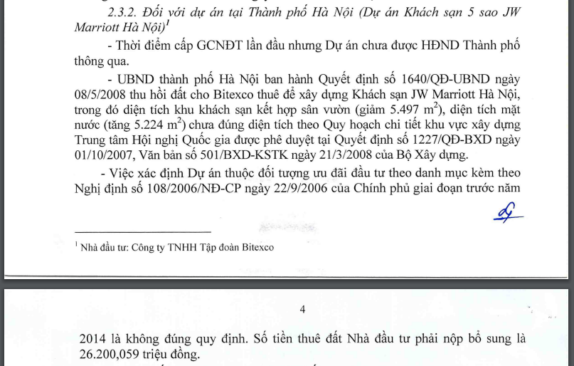 Kết luận Thanh tra của Thanh tra Chính Phủ về dự án Khách sạn 5 sao JW Marriott Hà Nội do Tập đoàn Bitexco là nhà đầu tư &nbsp;