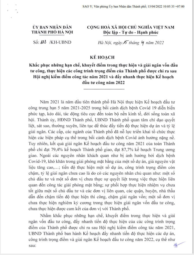 Kế hoạch số 123/KH-UBND về khắc phục những hạn chế, khuyết điểm trong thực hiện và giải ngân vốn đầu tư công, thực hiện các công trình trọng điểm của Thành phố, được chỉ ra sau Hội nghị kiểm điểm công tác năm 2021 và đẩy nhanh thực hiện kế hoạch đầu tư công năm 2022 &nbsp;