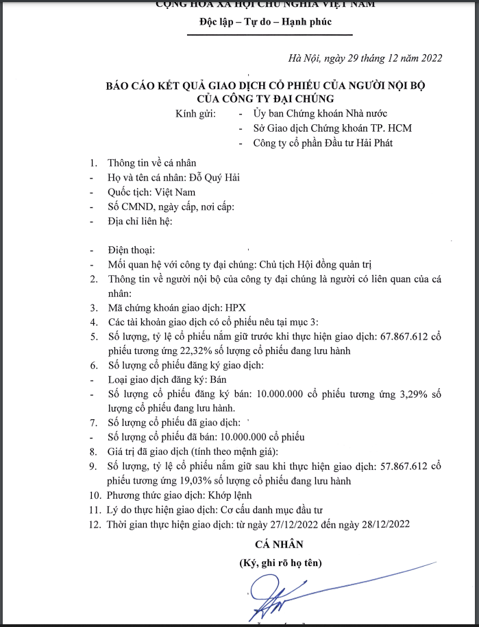 Chủ tịch Đỗ Quý Hải liên tục thoái vốn, giảm tỷ lệ sở hữu tại Hải Phát Invest