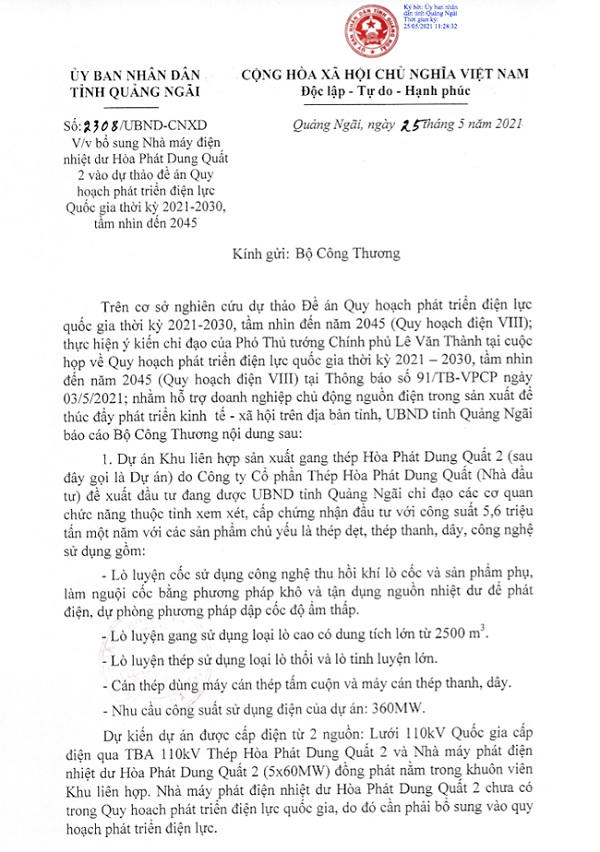 Đề xuất của UBND tỉnh Quảng Ngãi về việc bổ sung Nhà máy điện nhiệt dư Hoà Phát Dung Quất 2 vào dự thảo Quy hoạch điện VIII. – Nguồn: UBND tỉnh Quảng Ngãi. &nbsp;