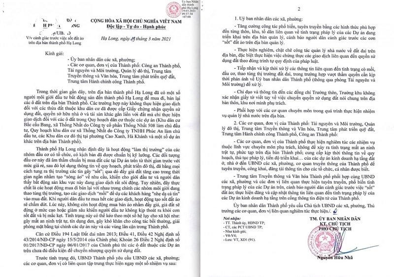 UBND Thành phố Hạ Long có công văn cảnh báo tình trạng sốt đất ảo &nbsp;