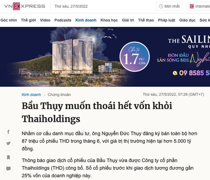 Dấu hỏi lớn quanh thông tin: Bầu Thuỵ có thoái vốn quy mô 5.000 tỷ tại Thaiholdings?