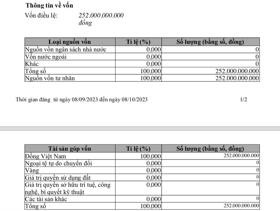 Công ty TNHH Đầu tư Xây dựng Dịch vụ Thương mại Việt Phát I có vốn điều lệ 252 tỷ đồng.
