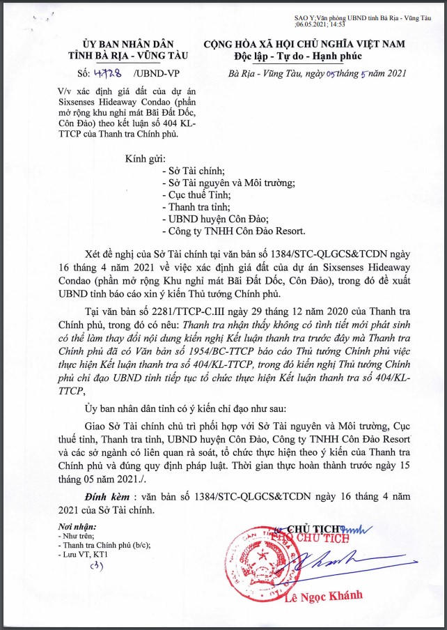 Văn bản của UBND tỉnh Bà Rịa – Vũng Tàu về việc xác định giá đất tại dự án Sixsenses Hideaway Condao. &nbsp;