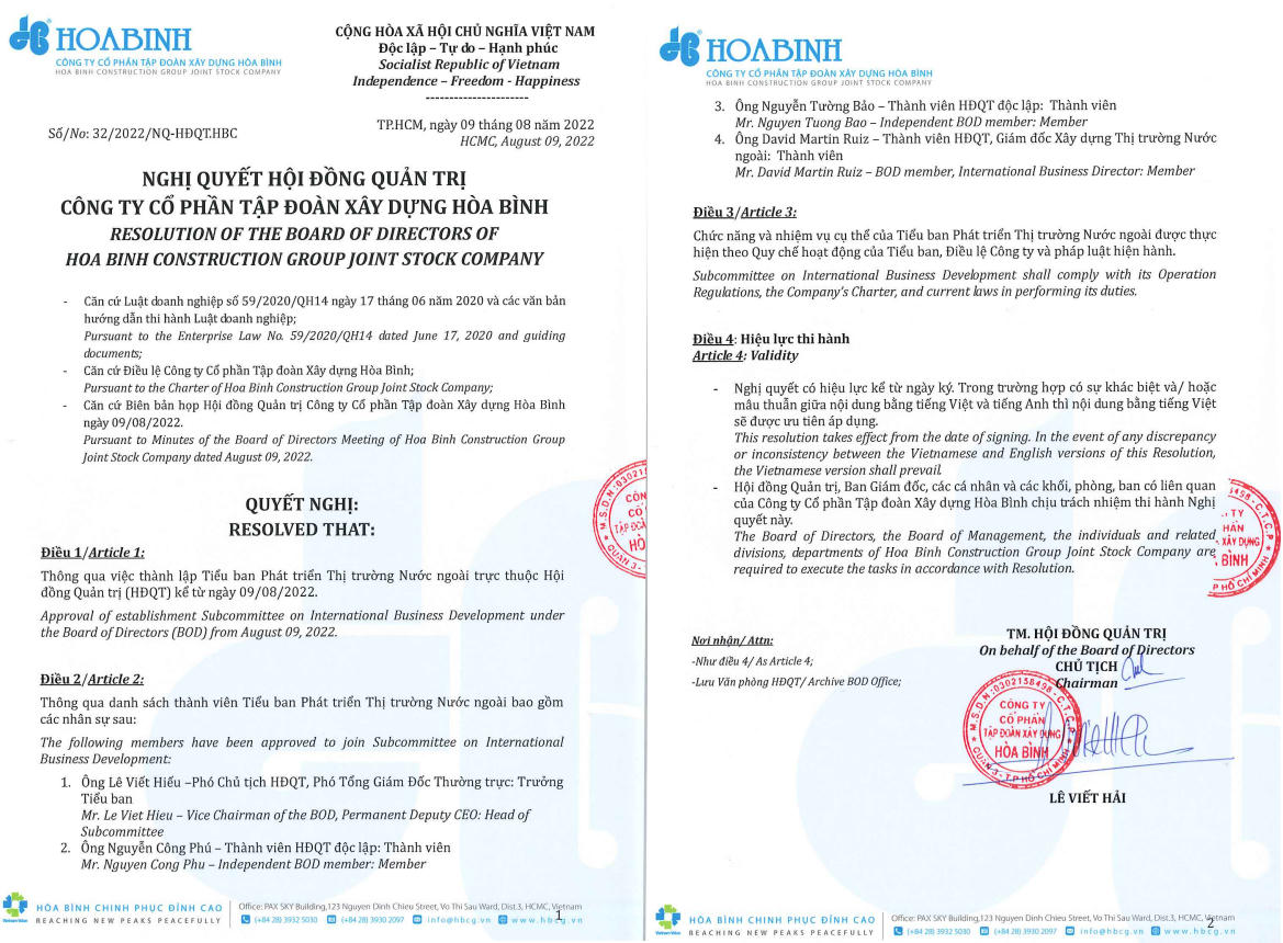 Phương án thành lập tiểu ban thị trường nước ngoài trực thuộc HĐQT HBC